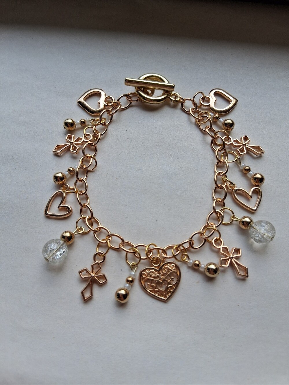 Hand Crafted Gold Heart & Cross Charm Bracelet with Clear Beads